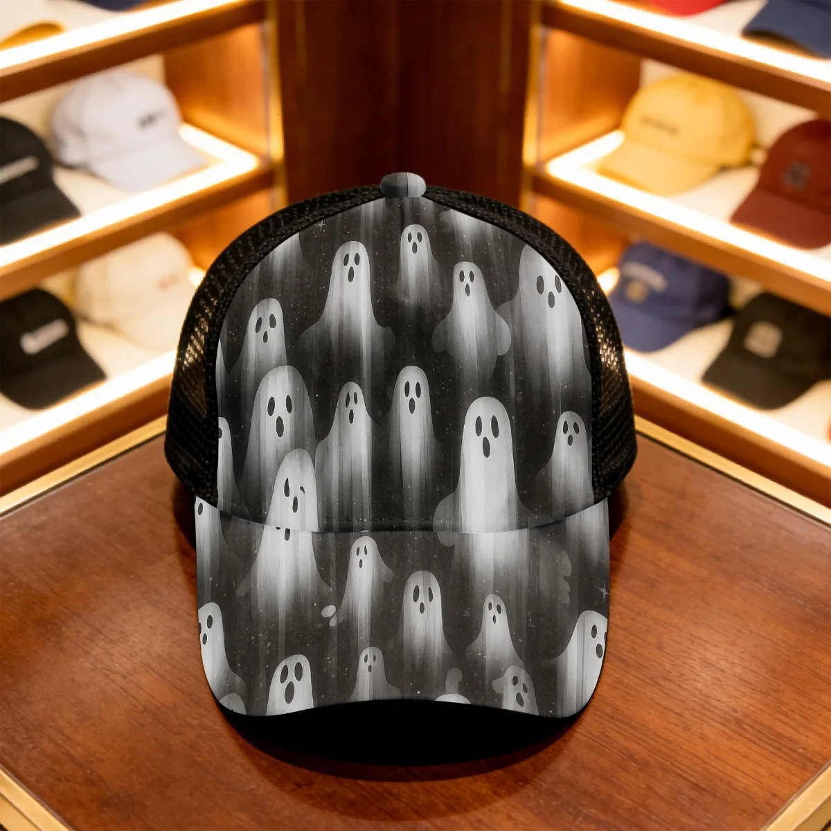 1pc Floating Ghosts Pattern Classic Baseball Cap Mesh Cap Fitted Closure Four Seasons Suitable for Men Women Ideal for Weekend