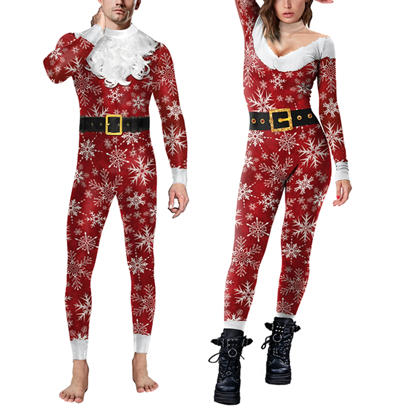 Women Men Christmas Jumpsuit Snowflake Print Bodycon Long Sleeve High Neck Bodysuit Costume