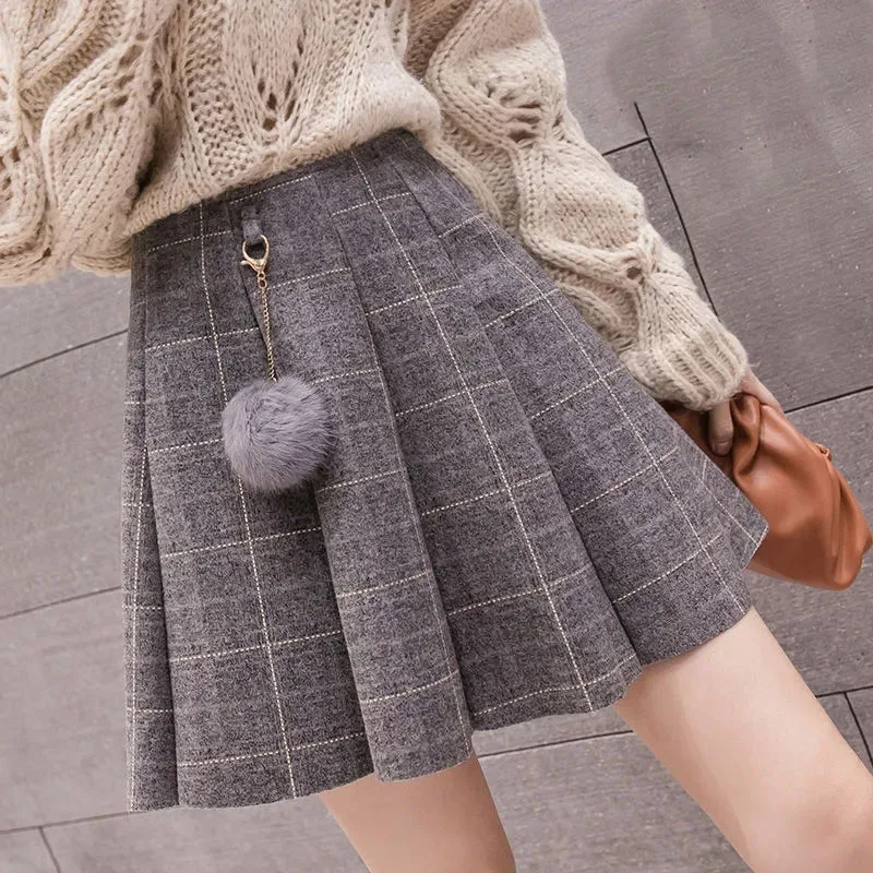 

Autumn Winter Feminine Pleated Short Skirt Ladies Leisure Mao's A-line Skirt Korean Women Fashion Lattice High Waist Maxi Skirt