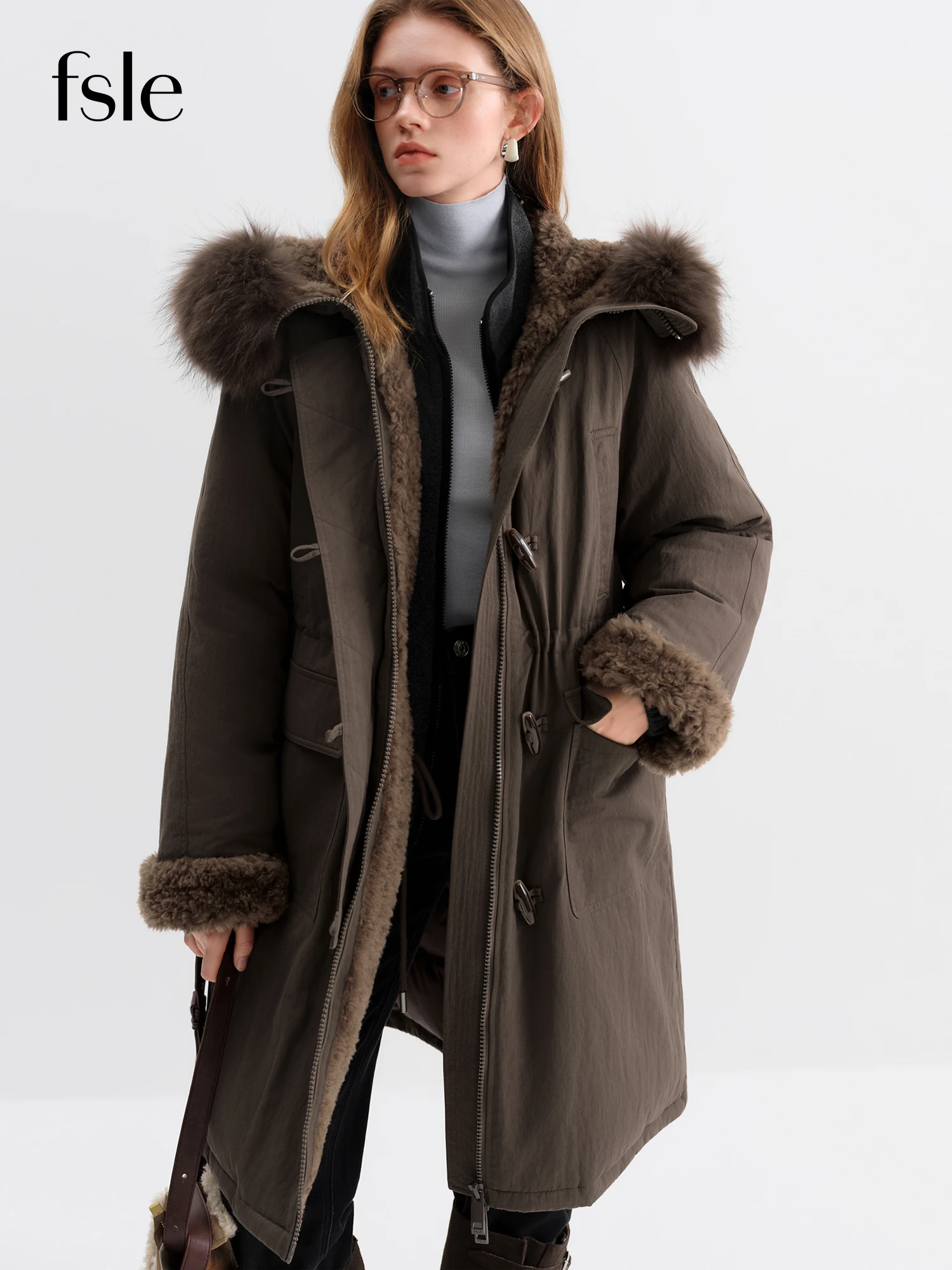 

FSLE Women's Fur-Lined Down Parka Jacket with Wool Blending Mid-Length Winter for 2025 Winter New Arrival Long Hooded Jacket