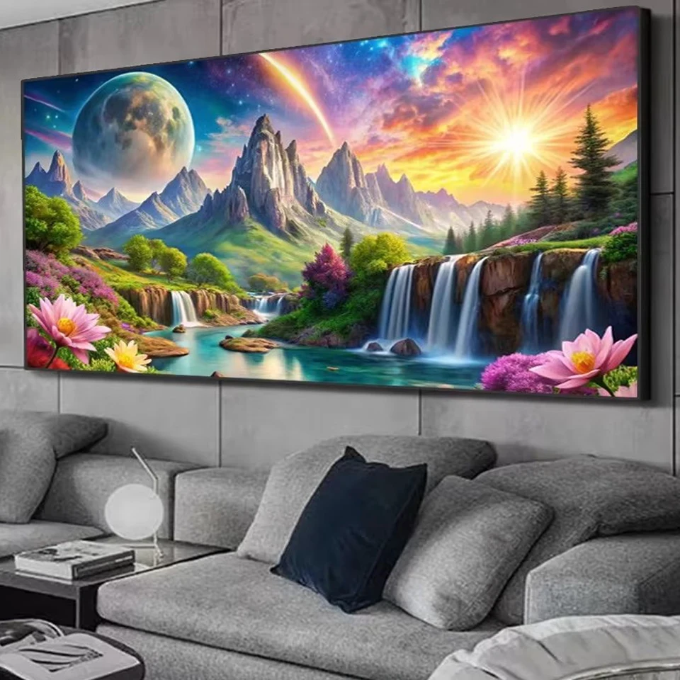 

Diamond Painting New 2025 Large Size Sun Planet Mountain Waterfall Landscape Full Mosaic Embroidery Kits Rhinestone Picture