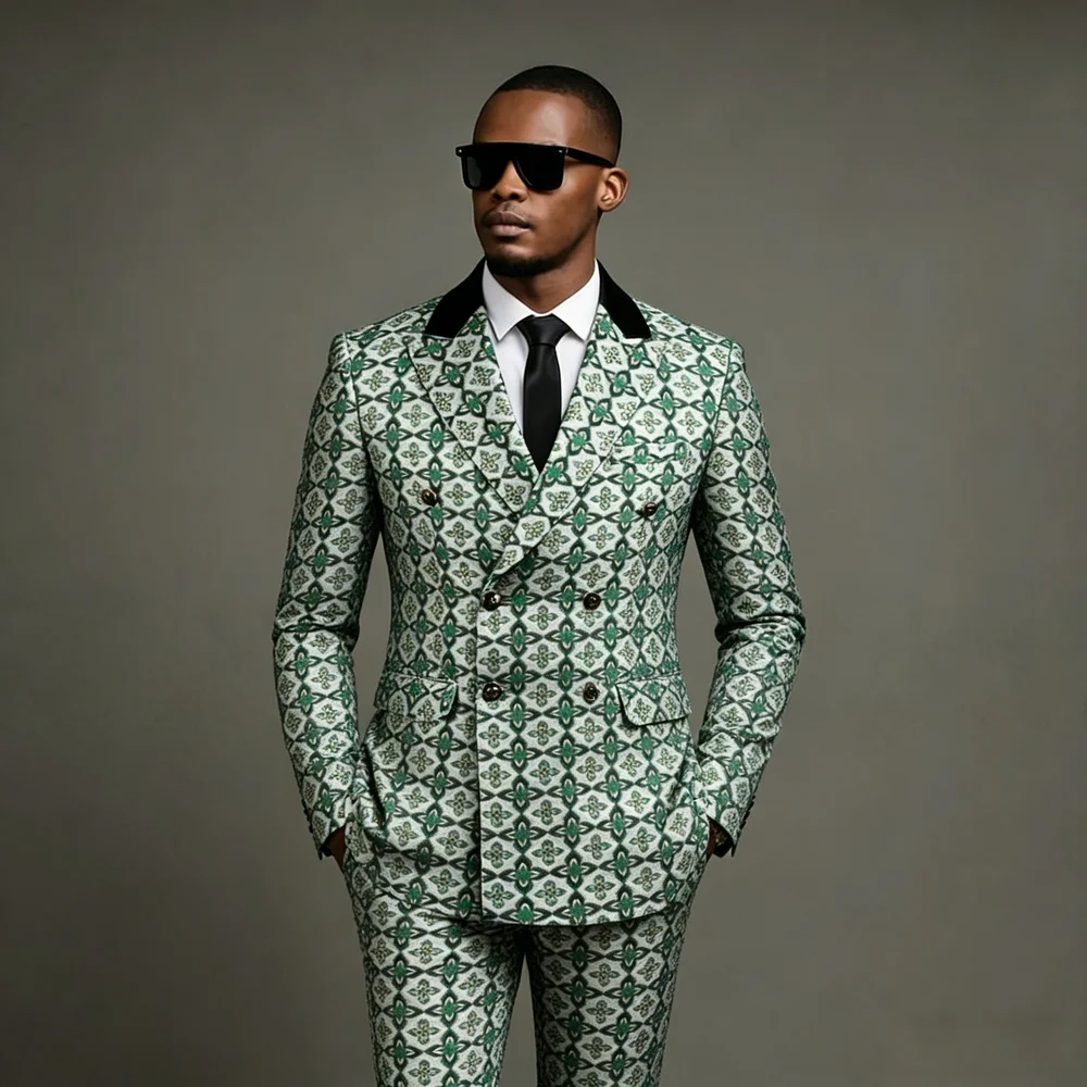 Green Floral Plaid Men Suits Double Breasted 2026 Latest Design Peaked Lapel Groom Wedding Tuxedos Costume Homme 2 Pieces Sets
