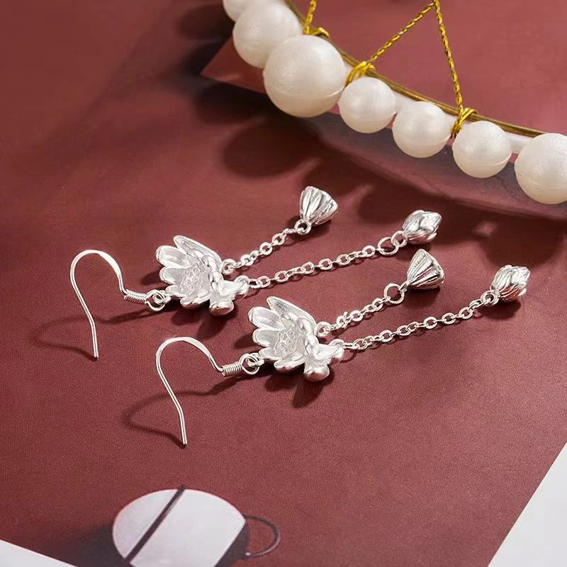 Exquisite 1Pair Long Tassel Dangle Earrings; Featuring Majestic Chinese Lotus Flower for Women & Girls