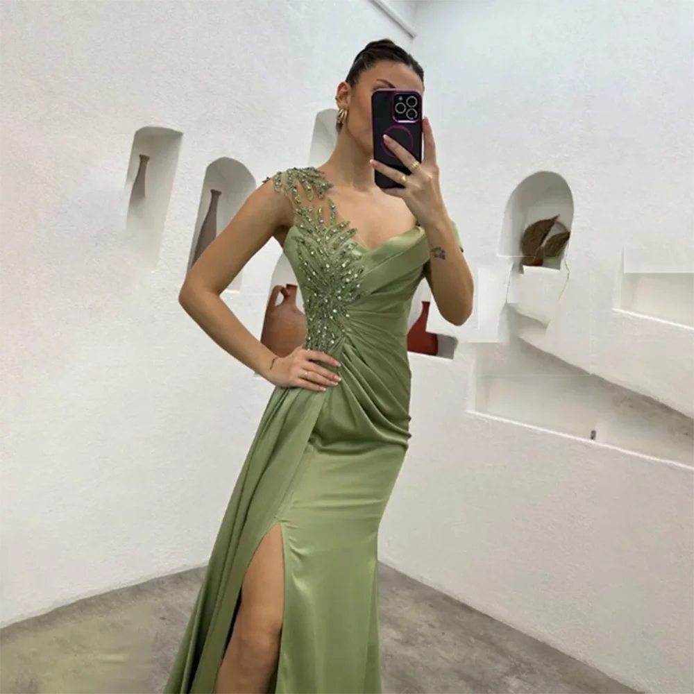 Pretty Green Women Prom Dresses Sweetheart Off the Shoulder Floor Length High Side Split Shiny Sexy Female Banquet Party Gowns