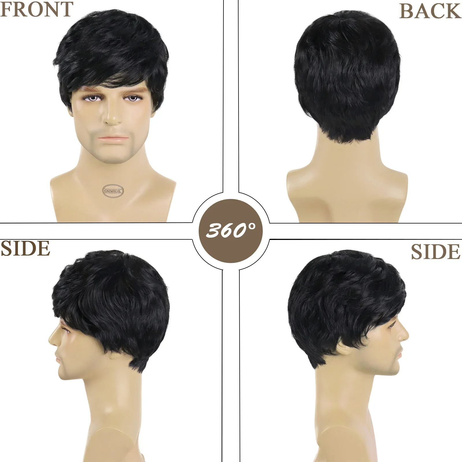 Businessman Black Mens Wigs Short Hair Natural Wigs with Bangs Handsome Haircut Black Wigs for Men Halloween Costume Wig Cosplay