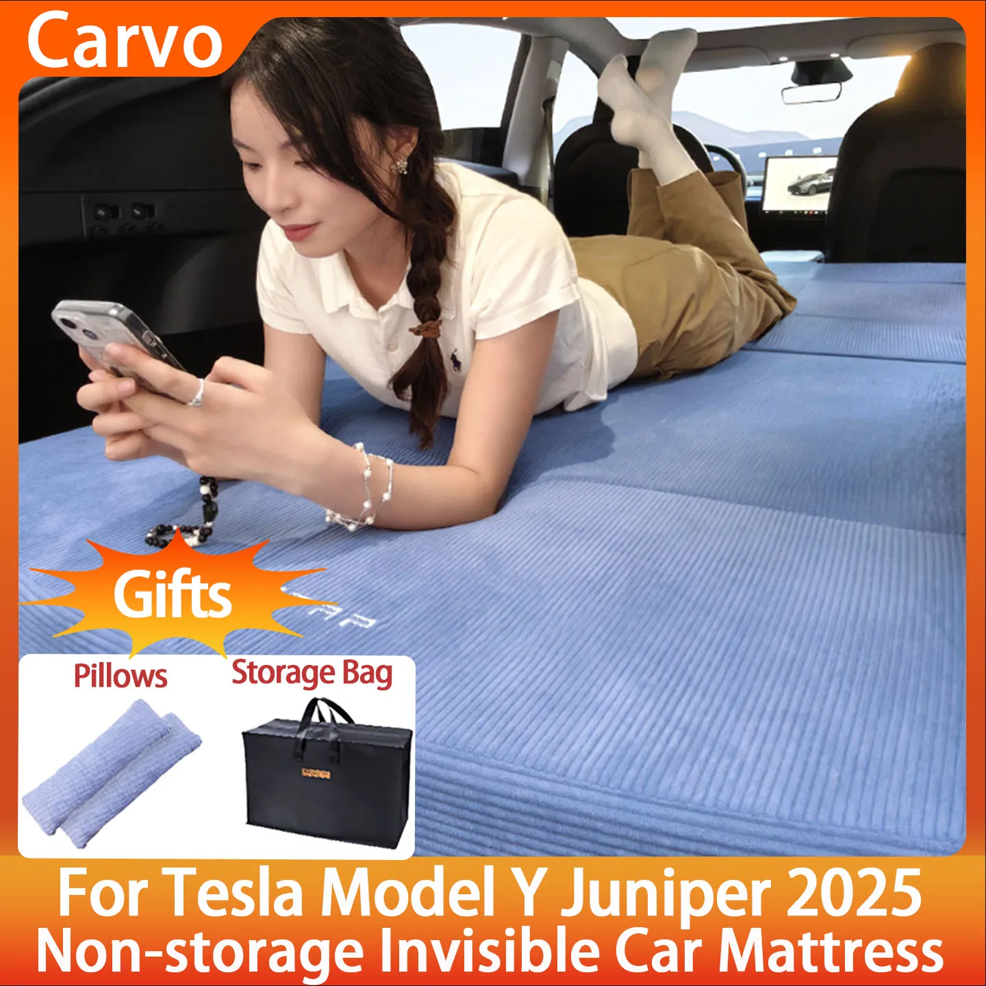 Hidden Storage Foldable Camping Mattress for Tesla Model Y Juniper2025 & 2020-2024 Memory Cotton Travel Sleep Mat No Extra Space