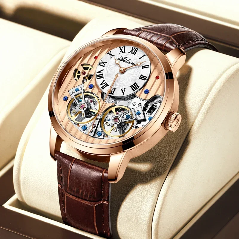 

New Double Flywheel Tourbillon Automatic Watch for Men Self Winding Mens Watches Rose Gold Skeleton Mechanical Wristwatch Man