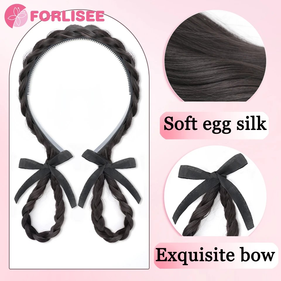 FORLISEE Synthetic Bun Wig Bow Ear Rabbit Headband Style Braid Double Bun Braided Headdress Wig Bun