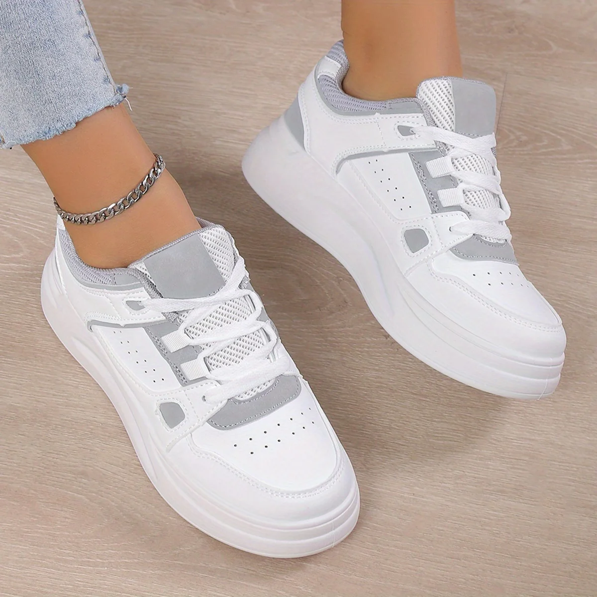 Spring Women Faux Leather Sneakers Lace Up Low-top Round Toe Thick Bottom Outdoor  Women Shoes Comfy Versatile Zapatos De Mujer