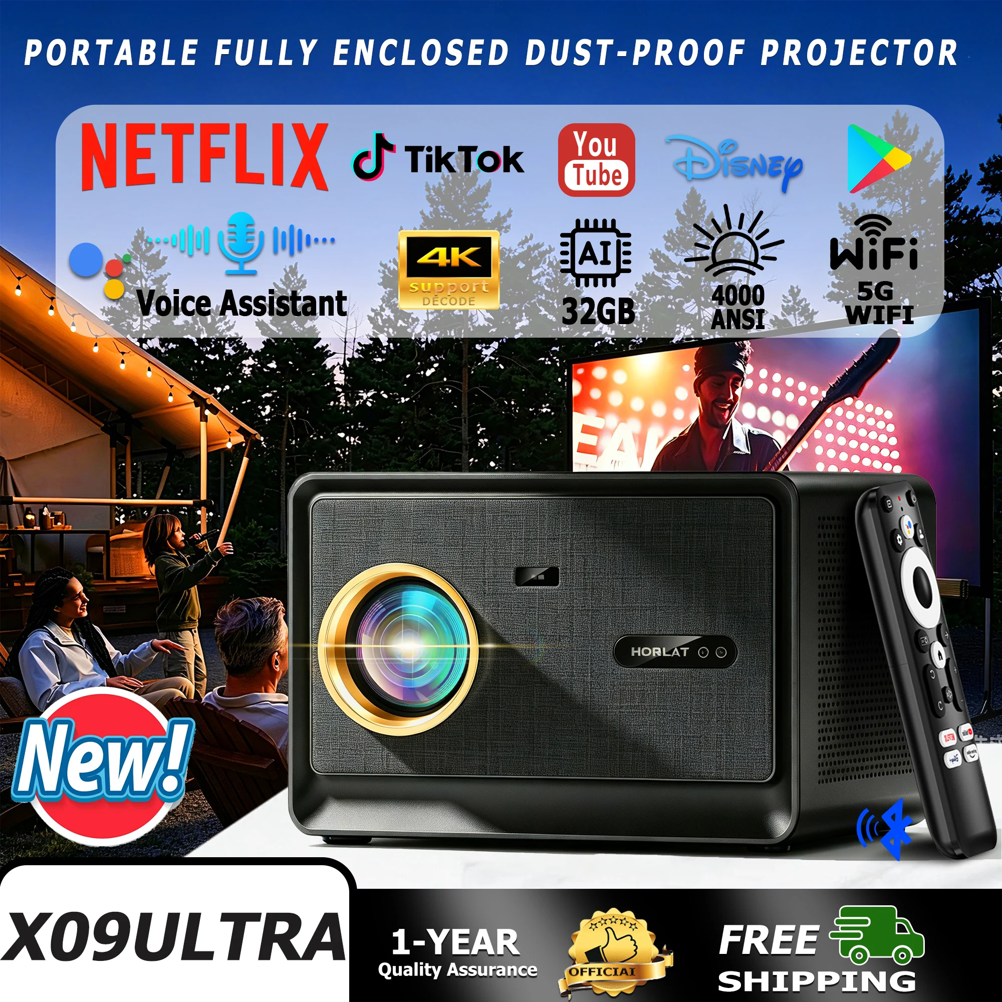Image of HORLAT 52000 Lumen Ultra HD Projektor 2G 32GB Android 14 Autofokus Smart Google TV Heimkino-Videoprojektor für Tageslichtprojektion