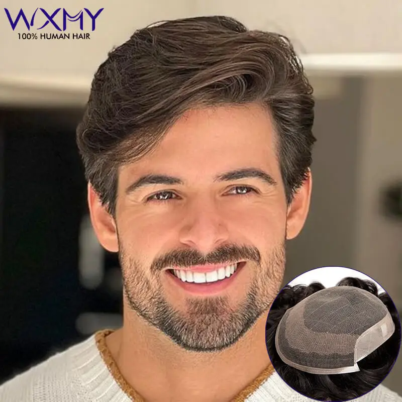 Laço francês e peruca de base PU para homens, cabelo humano natural, peruca masculina, prótese capilar, sistemas respiráveis