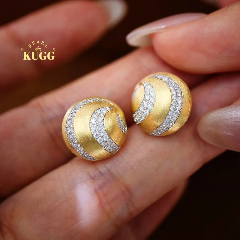 

KUGG 18K Yellow Gold Earrings Luxury Round Design 0.60carat Real Natural Diamond Stud Earings for Women High Party Jewelry