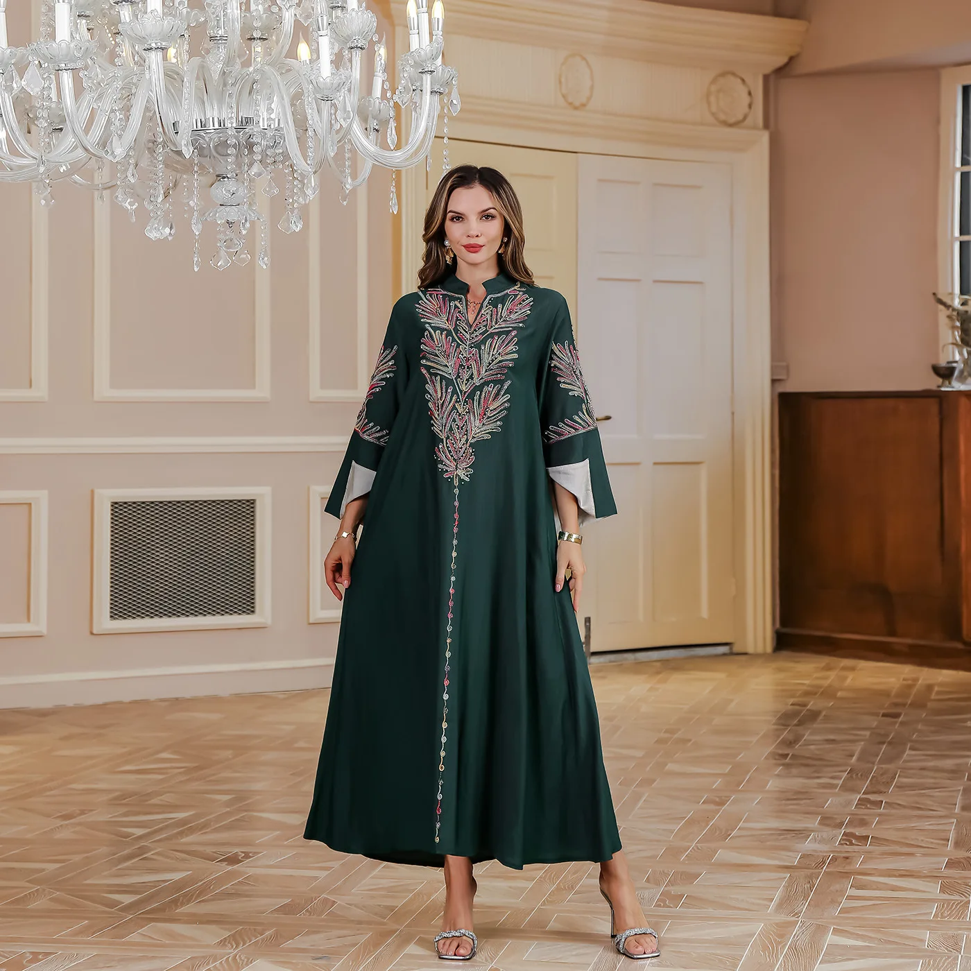 Retro Flower Embroidery Abaya Muslim Beads Dress Women Folding Split Sleeves Jalabiya Loose Robe Islamic Kaftan Ramadan Gown