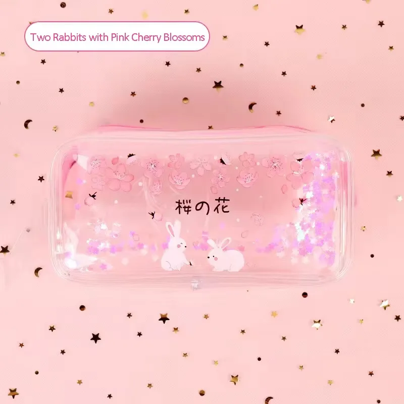 

CHEN LIN 1Pcs Portable Transparent Quicksand Pencil Case Cartoon Sakura Bunny Pencil Bag for Girls Large Capacity Cosmetic Bag