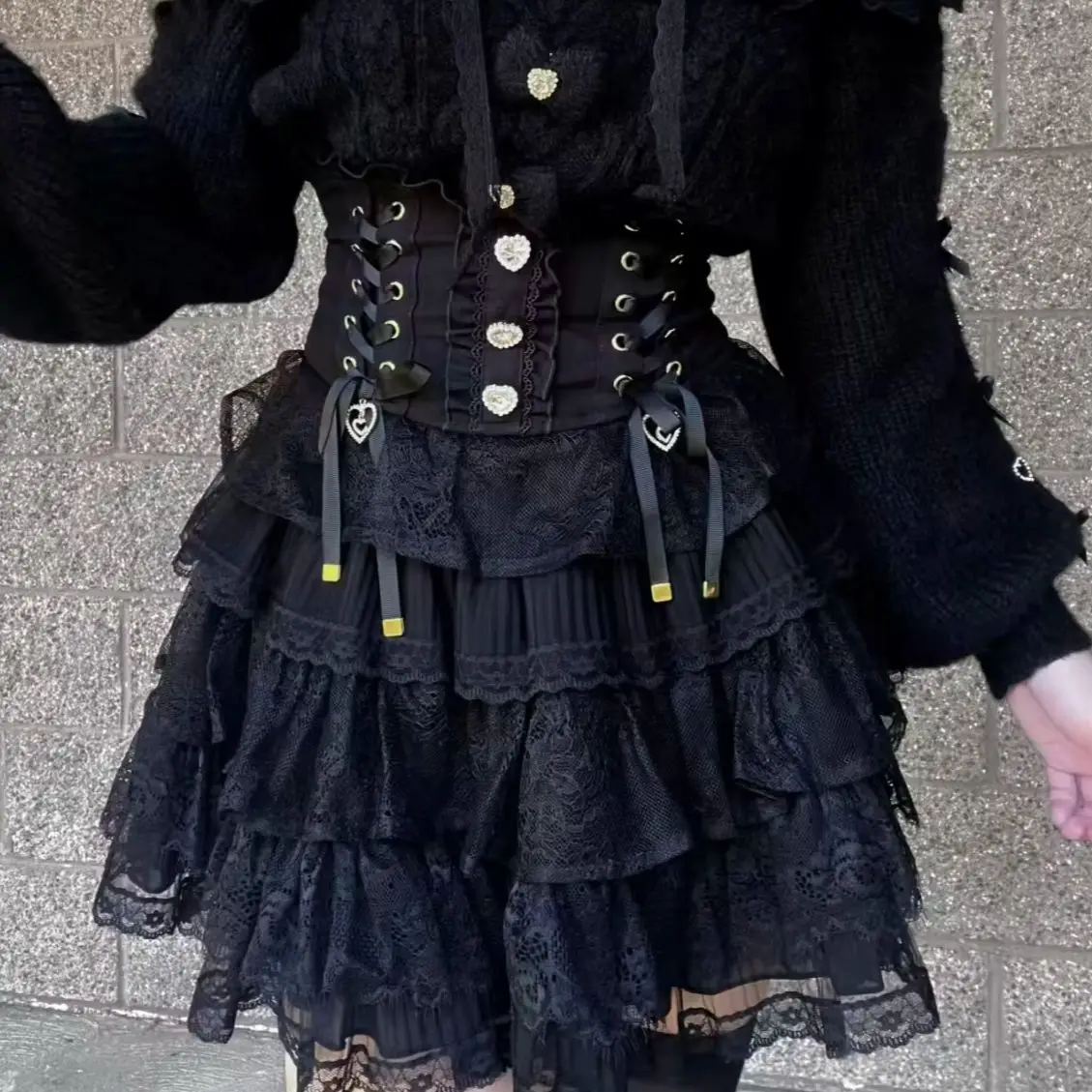 Japanese Sweet Lolita Mini Skirt Women Elegant Lace Bandage Cake Skirt Female Gothic Y2K Metal Buckle Party Club Short Skirt