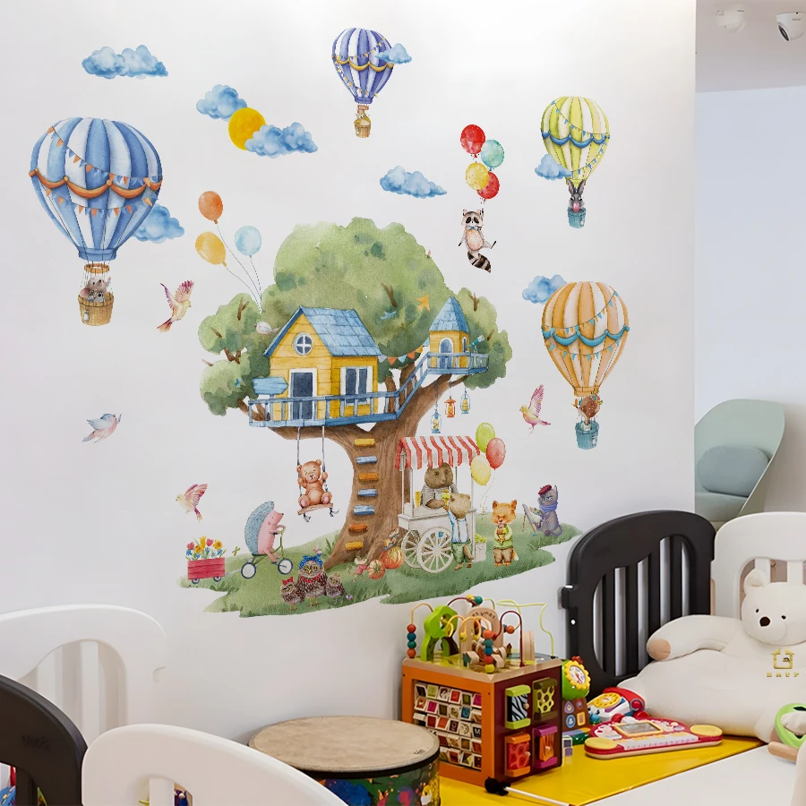 ملصقات جدارية على شكل شجرة كرتونية وحيوانات بالونات - ملصقات فينيل كبيرة قابلة للإزالة لديكور غرفة الأطفال وغرفة اللعب وغرفة الغابة الغريبة