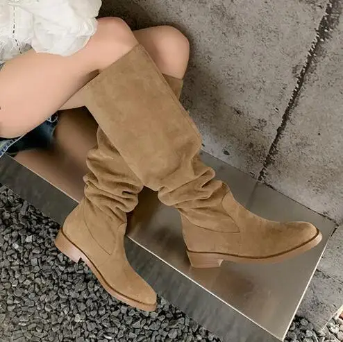 Spring Girls Khaki Black Suede Round Toe Pleated Knee High Flat Boots Women Tube Slip On Comfortable Simple Long Knight Boots