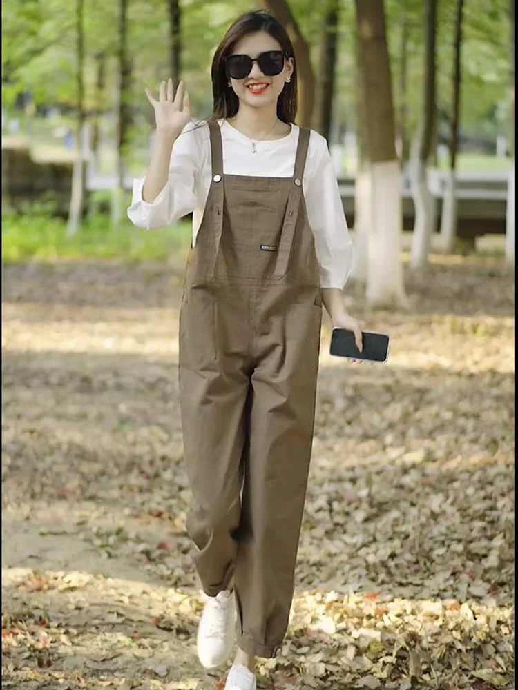 

Faionable Women's Loose Straight Leg Overalls Set High Waist Zipper Closure Spring Autumn Seasonal Anti-Wrinkle Long Pants