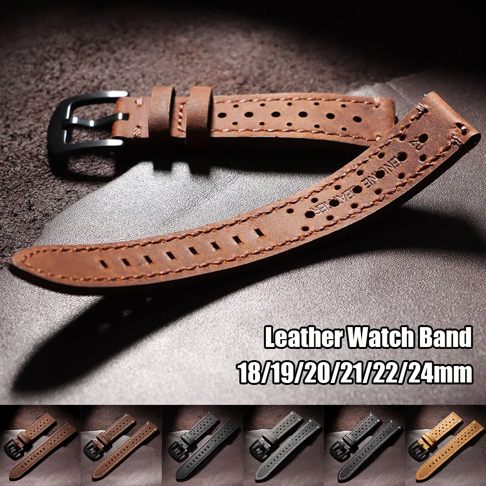 18mm 19mm 20mm 21mm 22mm 24mm Breathable Porous Vintage Leather Watch Strap for Women Men Cowhide Bands Quick Release Bracelets