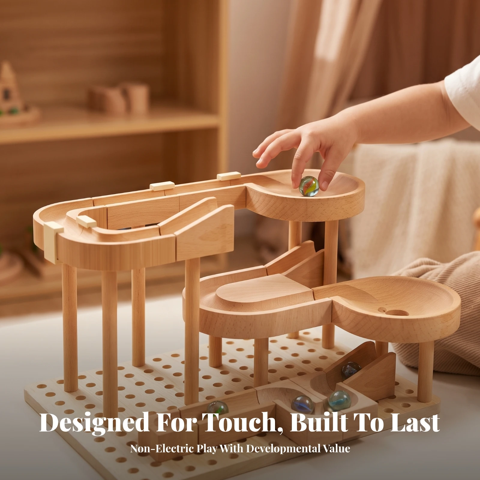 Wooden Marble Track Building Toy STEM Wooden Marble Run with Glass Marbles Construction Set Open-Ended Creative for Children
