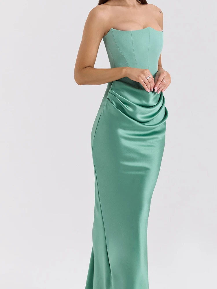 ชุดเดรสแฟชั่นสีสันตัดกันแบบเว้า โชว์ไหล่ สายเดี่ยว ผ้าซาติน ทรงยาว หรูหรา เอวสูง จับจีบ ชุดราตรี