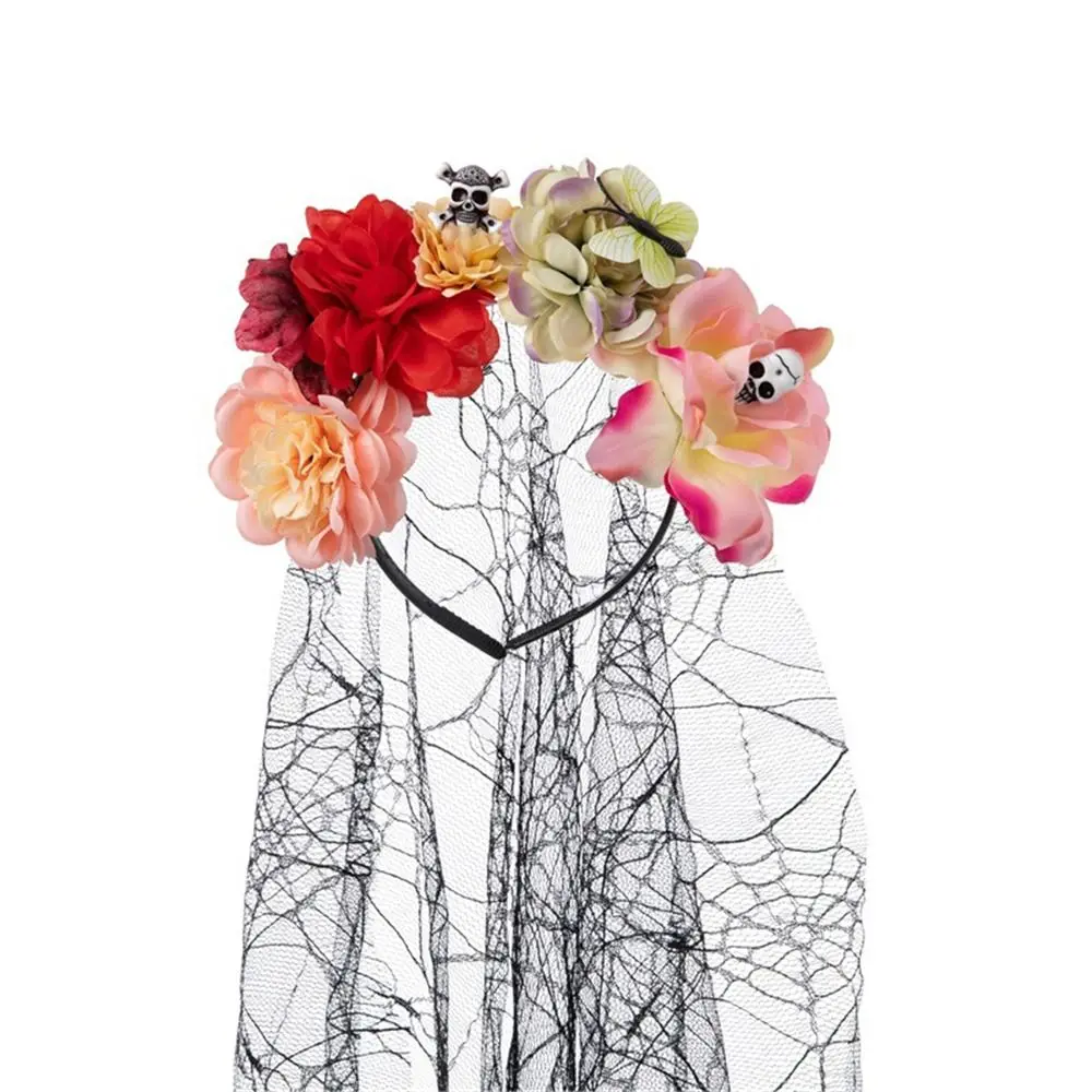 Retro Day of The Dead Halloween Rose Flower Headband Black Veil Wedding Flower Headpiece Costume Cosplay Party Headwear Women