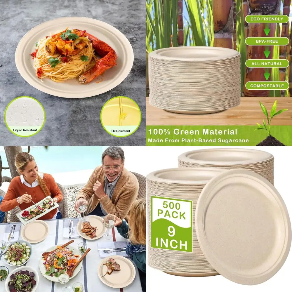 

9 Inch 500 Pack Compostable Recycled Heavy Duty Brown Paper Plates - Eco Friendly Disposables