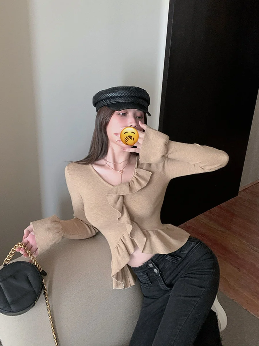 Sweet Style Long Sleeve Knitted Sweater Women's Autumn Winter plus Size Irregular Hem Bell Sleeve Base Layer Top view 2
