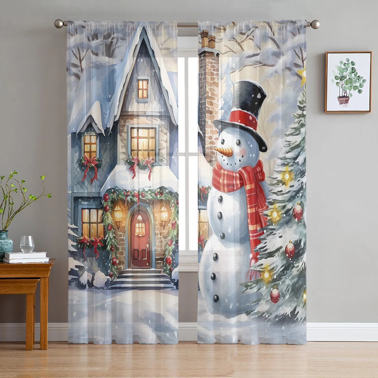 Christmas Snow Scene Snowman Tulle Curtains for Living Room Sheer Curtain for Bedroom Christmas Blinds Voile Curtains