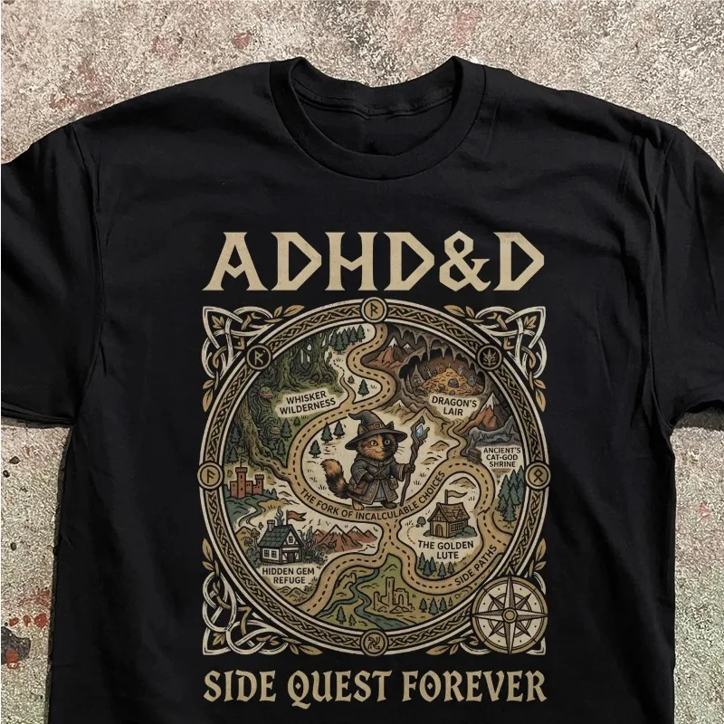 Fun Desktop Role-playing Game T-shirt Fantasy Map Cat T-shirt Men's Retro Trend Y2K Cotton Unisex T-shirt