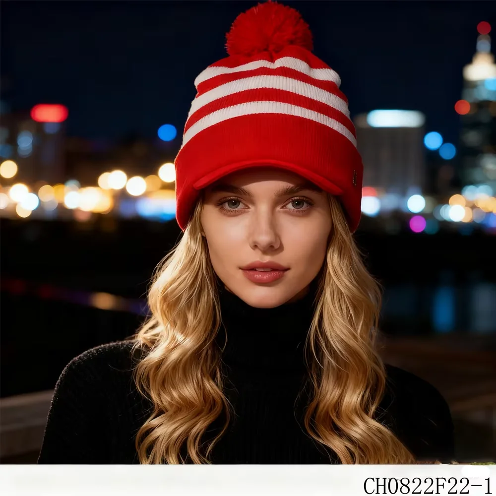 PESENAR Festliche rot-weiß gestreifte Strickmütze mit Bommel – klassisches Weihnachts-Winter-Accessoire