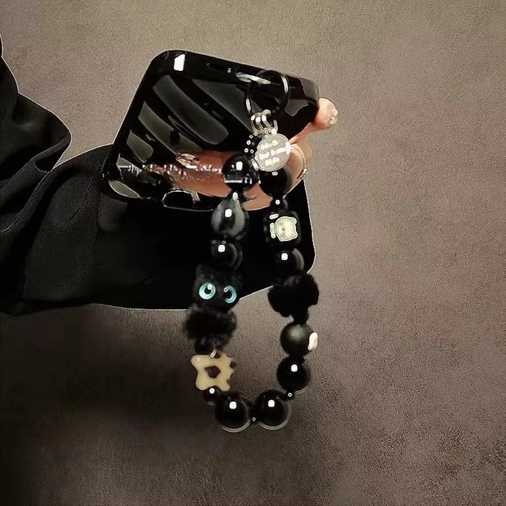 Tali Gantungan Ponsel Premium Hitam Motif Kartun Kucing Boneka Plush Anti Hilang Desain Gelang Manik-Manik Gantungan Kunci Mobil Aksesoris Tas