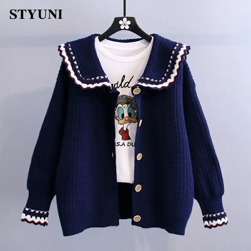 Peter Pan Collar Ruched Solid Casual Acrylic Knitted Women's Cardigan Long Sleeve Single-breasted Autumn Winter Female Jumpers