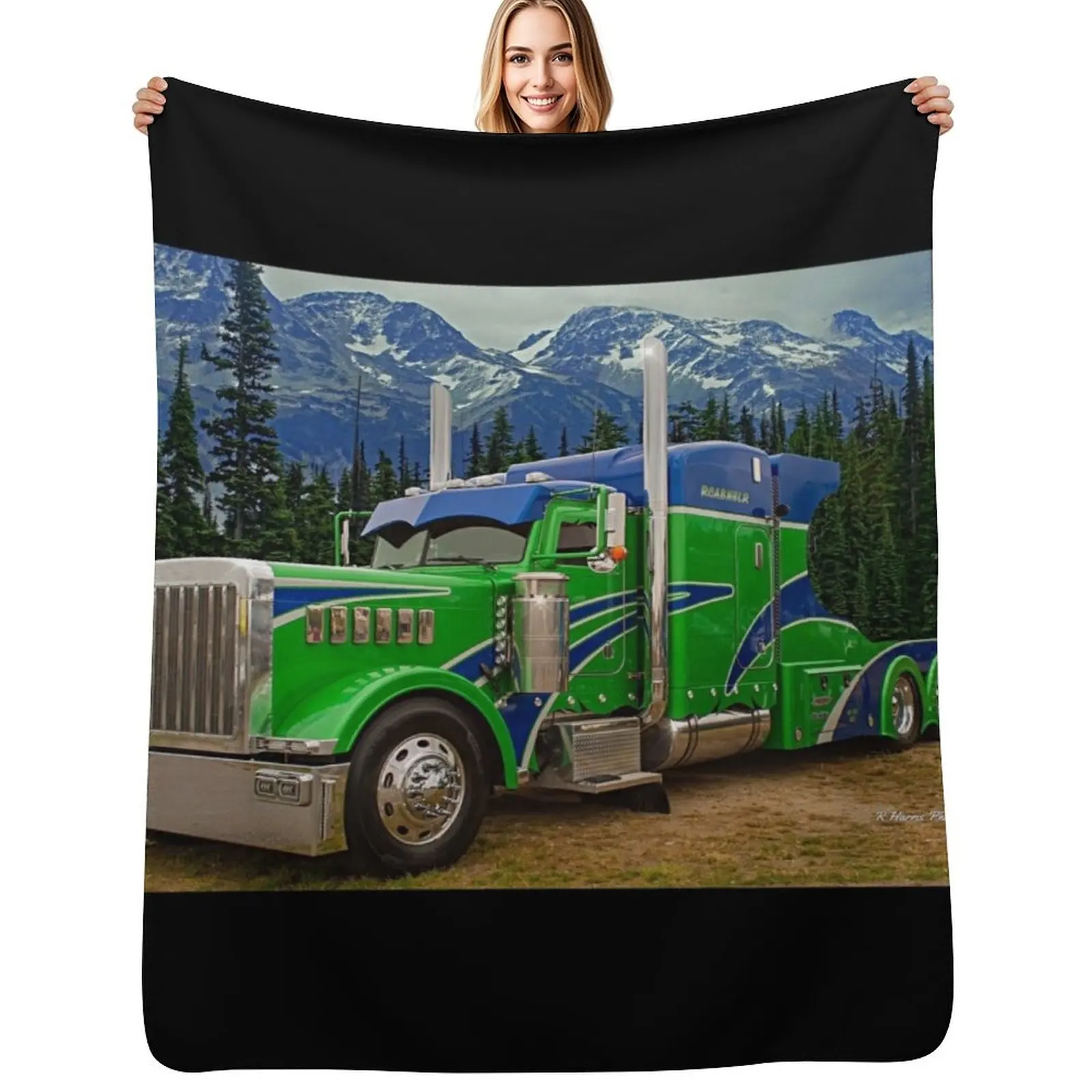 Manta Personalizada Azul y Verde con Diseño de Peterbilt, Manta Acogedora, Regalo de Cumpleaños para Él y Ella