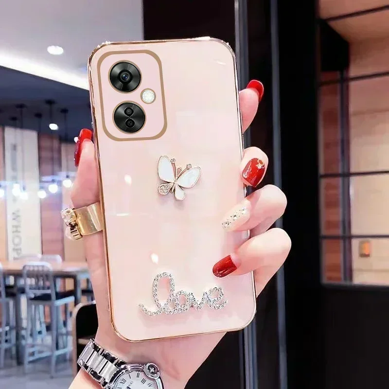 เคสโทรศัพท์หรูหราสําหรับ OnePlus Nord CE 3 Lite N30 5G Bling รักผีเสื้อชุบเลนส์กล้องป้องกันซิลิโคนอ่อนเต็มรูปแบบ