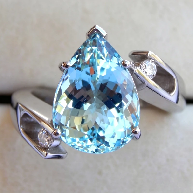 Women's Aesthetic Luxury Blue Waterdrop Synthetic Zirconia Eternal Ring Elegant Charm Wedding Banquet Handmade Jewelry Accessory