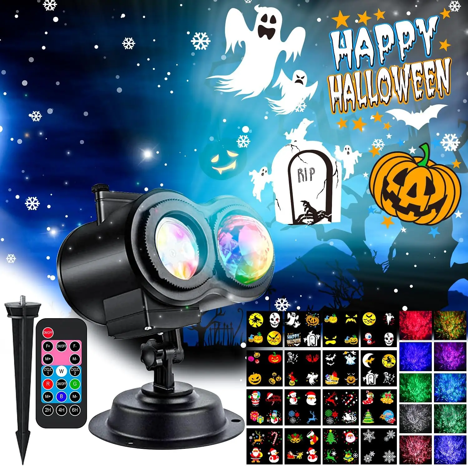2-in-1-Halloween-Projektorlicht mit Fernbedienung, 12 Dias und 4 Meereswellen, Timing-Funktion, IP45 wasserdicht für Weihnachtsgeschenke