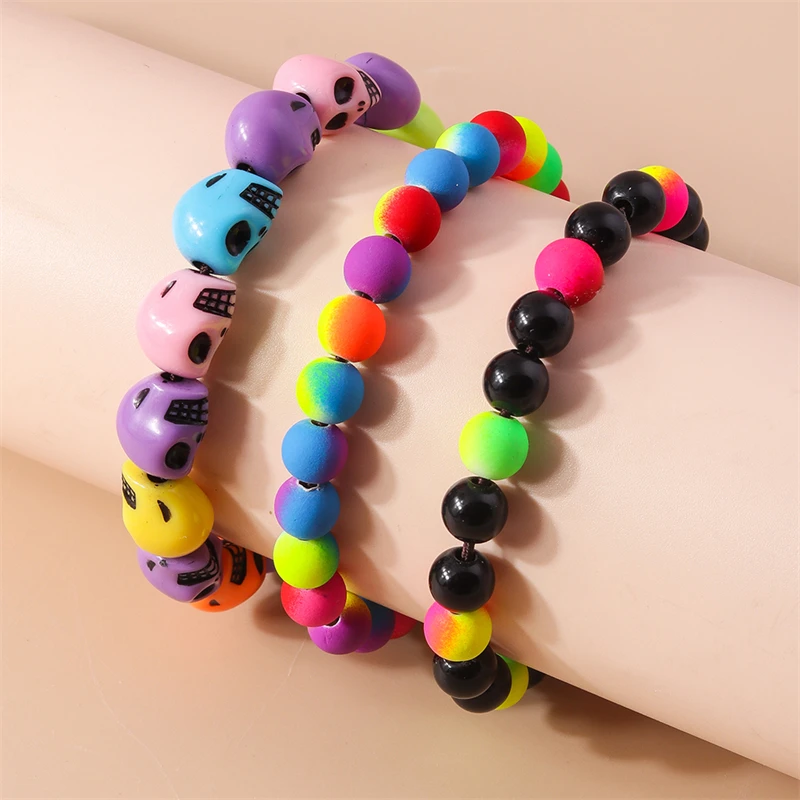 Fashion Colorful Skull Beads Bracelet for Women Adjustable Elastic Handmade Beaded Bracelet Girls Party Holiday Jewelry Gifts