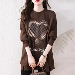 Women's Clothing Heart-shaped Printed Pullovers Spring Autumn Korean Long Sleeve Casual O-Neck Stylish Drawstring Sweatshirts