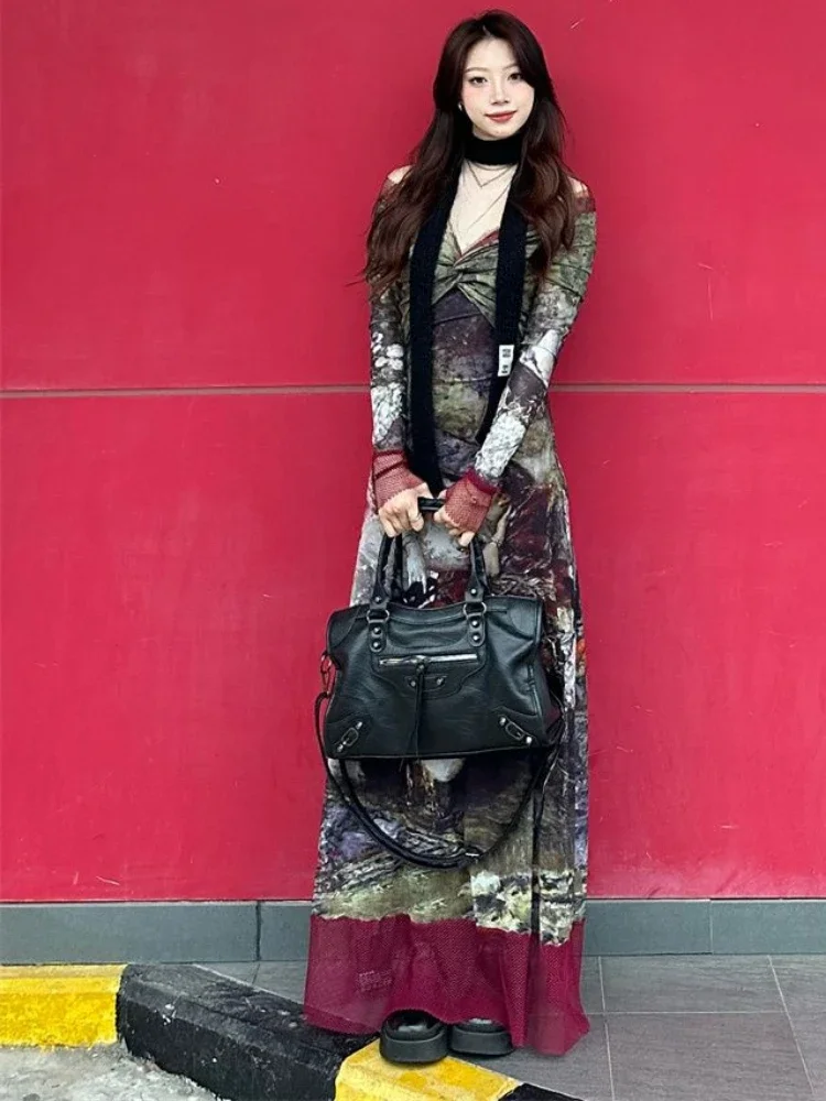 

Women Slim Waist Tunic Cross Pleated Dresses Streetwear Y2k Aesthetic Slash Neck Dress Harajuku Grunge Vintage Print Vestidos