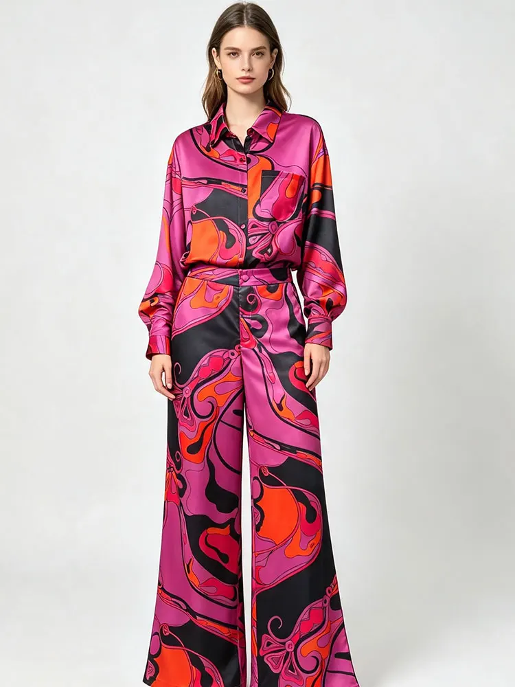 Retro autumn abstract printed satin suit women's new long-sleeved lapel shirt elastic waist wide-leg trousers holiday two-piece