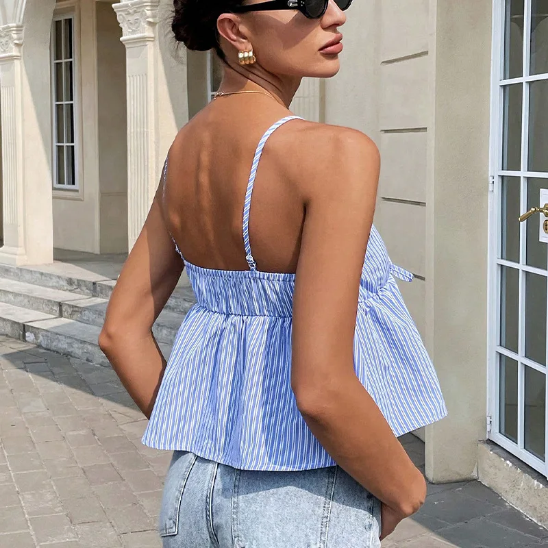 Sexy Striped Crop Top for Women Summer 2025 Trendy Bowtie Loose Fit Commute Sle Polyester Fiber 00% Trendy Hot Girl