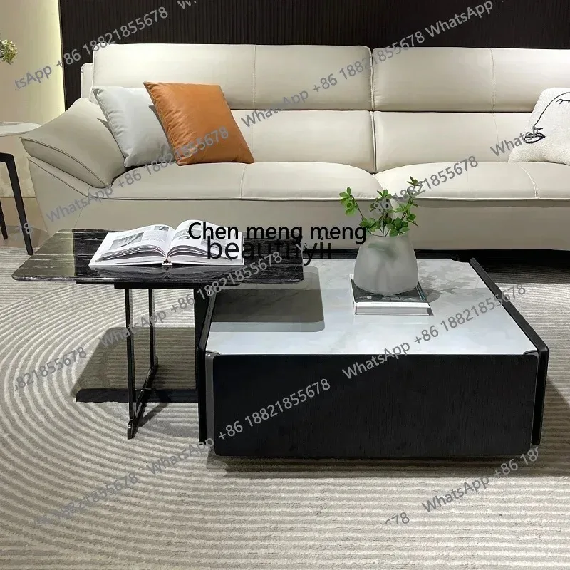

cn8617 LHY New Arrivals Italian Living Room Coffee Table Solid Wood Stone Plate Square Tea Table Marble Minimalist Coffee Table