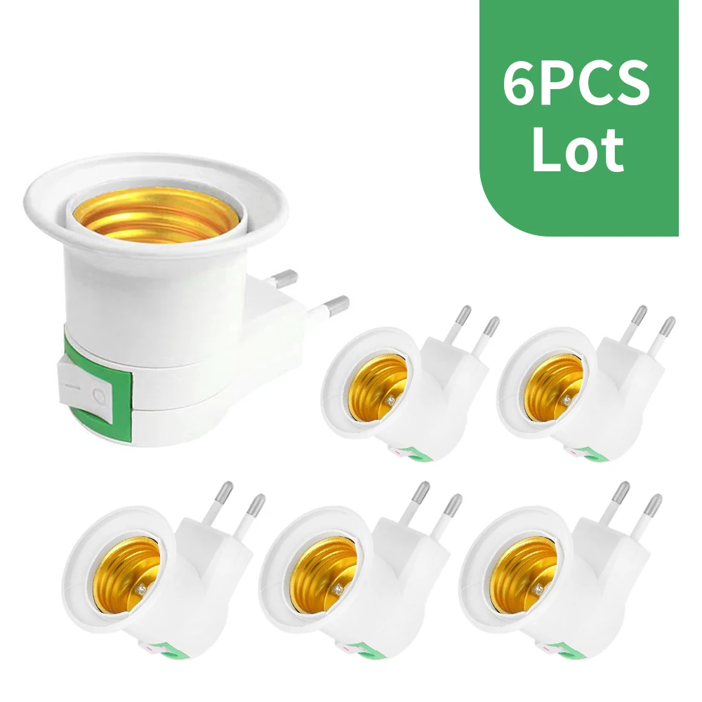 6PC Hot Sell Practical White E27 LED Light Socket To EU Plug/US Plug Holder Adapter Converter ON/OFF For Bulb Lamp