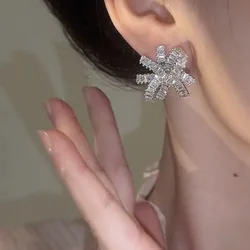 Korean Style Luxurious Exquisite Large Bow Micro Inlay Zircon 925 Silver Needle Temperament Versatile Dinner Earrings for Women.