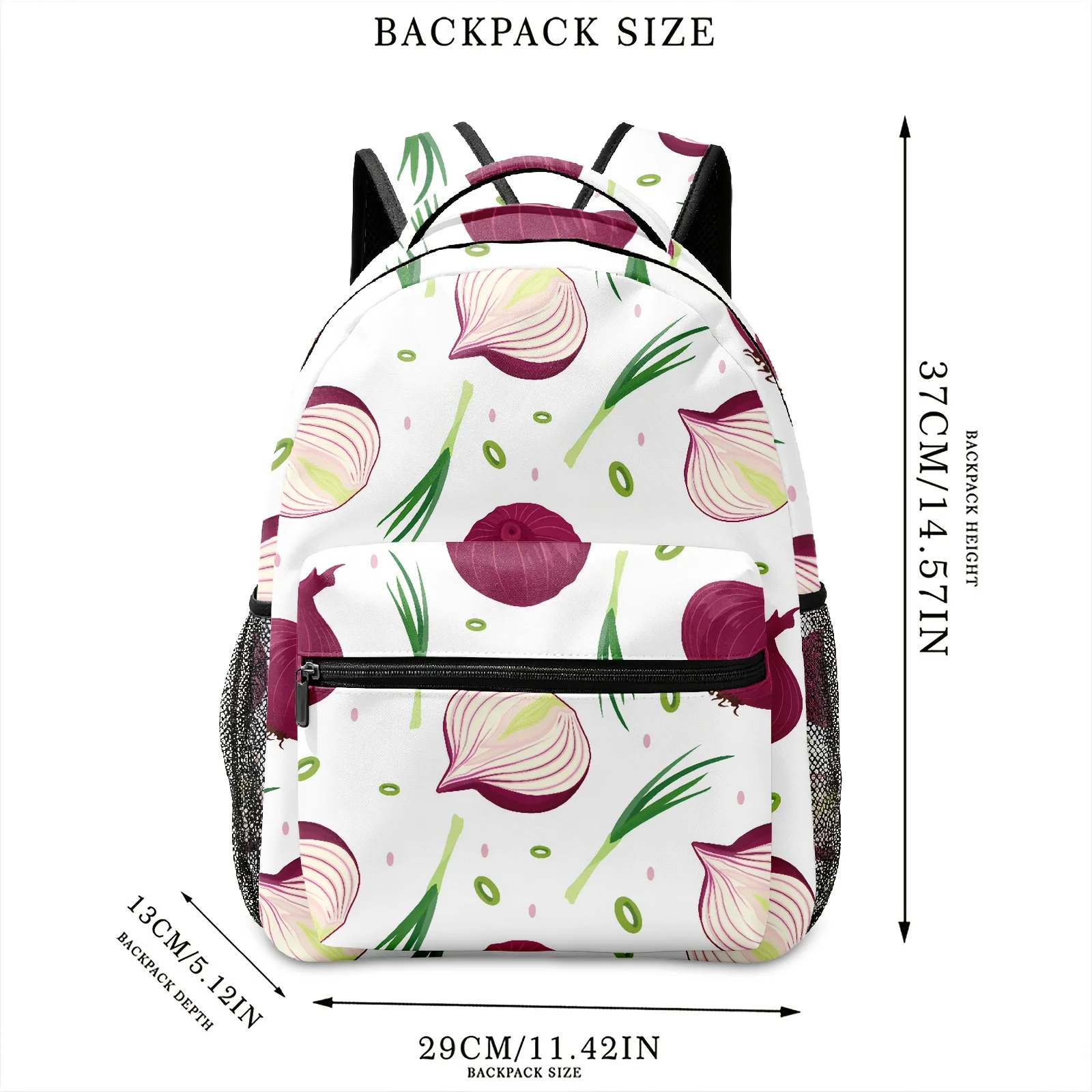 This Backpack Features a Unique Design with a Full-print Motif of Purple and White Onion Slices Complemented