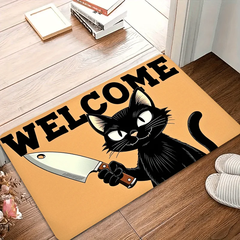1pc Whimsical Black Cat And Welcome Graphic Doormat - Bold Orange And Black Design, Non-Slip Durable Backing, Machine Washable