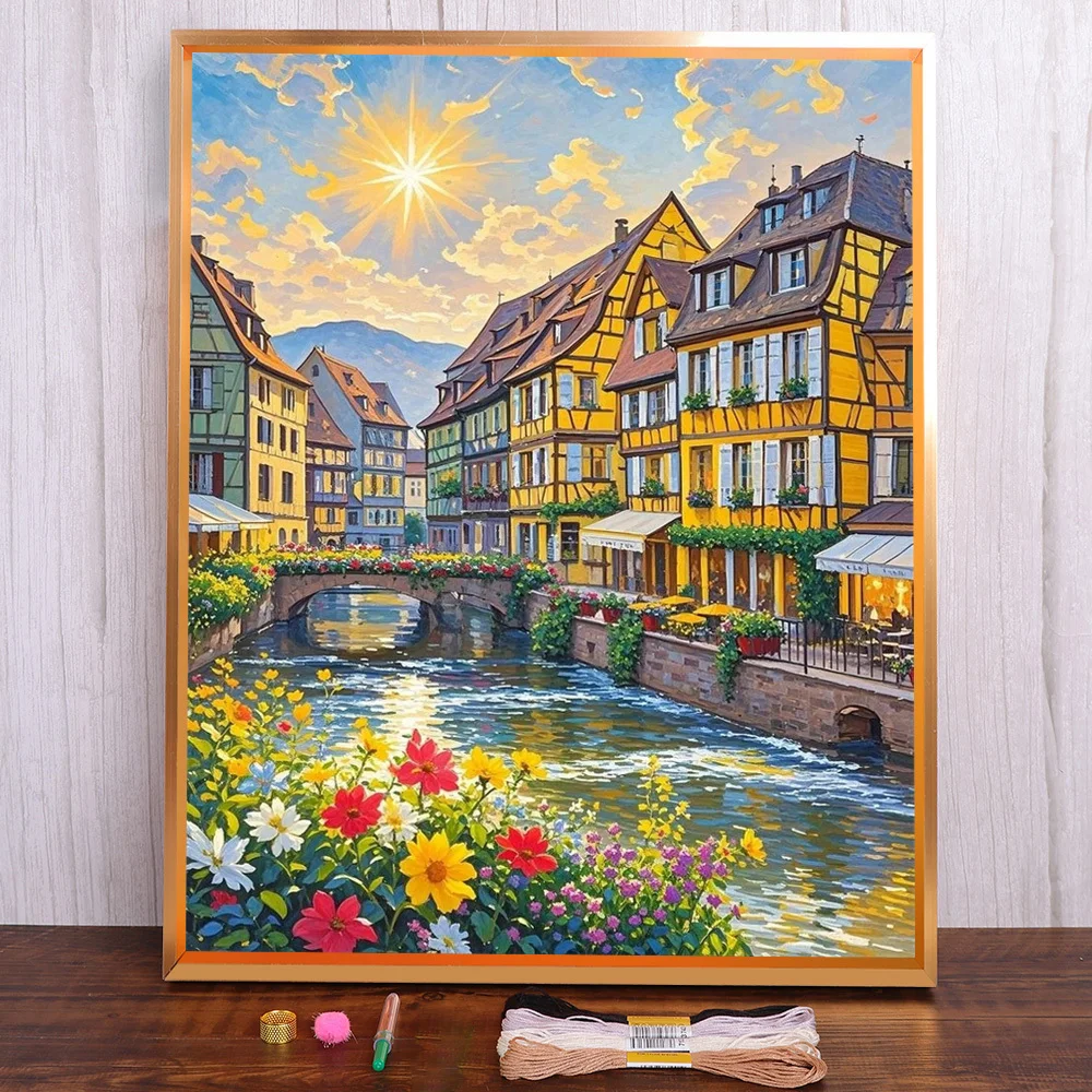 

Scenery Canal Town Printed Fabric Cross-Stitch Embroidery Patterns Painting Handmade Needlework Knitting Mulina Stamped Magic