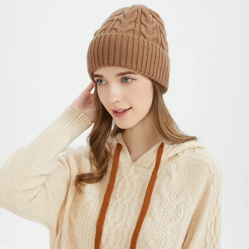 Genuine 100% Sheep Wool Beanies Cap Women Winter Keep Warm Knit Hat Head and Ears Protection Cashmere Wool Hats
