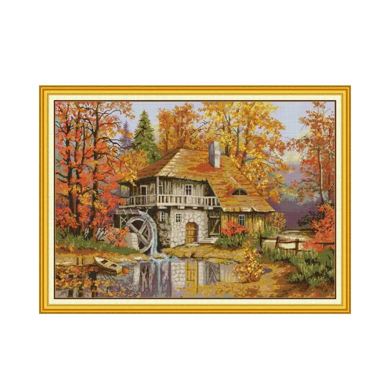 Kit punto croce mulino ad acqua autunnale 14CT 11CT panno bianco tessuto stampato filo ago ricamo Set modello fai da te decorazioni per la casa